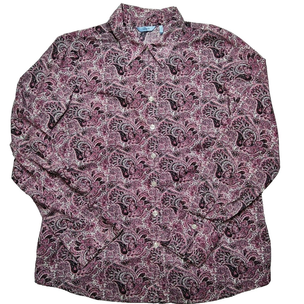 IZOD Women Large Pink Black Paisley 100% Cotton‎ Long Sleeve Button Shirt